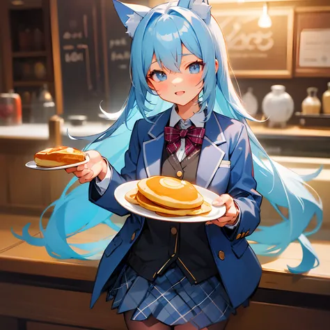 Light blue long-haired。Cats ears。Dating。tea shop。Eat pancakes。Im piercing。Nails are light blue。Plaid blazer。shirt。Plaid skirt。tights。