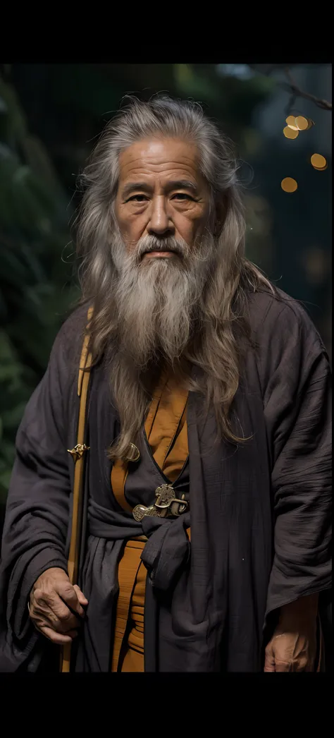 an old man，wearing a monk's robe，facing at camera，the expression was kind