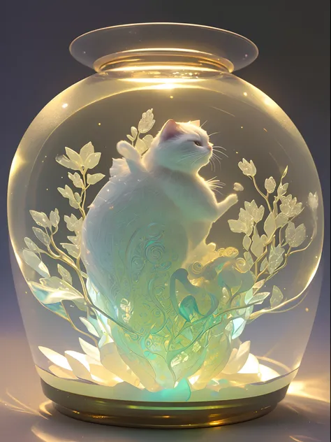 extremely delicate iridescent cat made of glass, translucent, tiny golden details, beautifully and intricately detailed, ethereal glow, whimsical, Mschiffer art, best quality, glass art, magical holographic glow