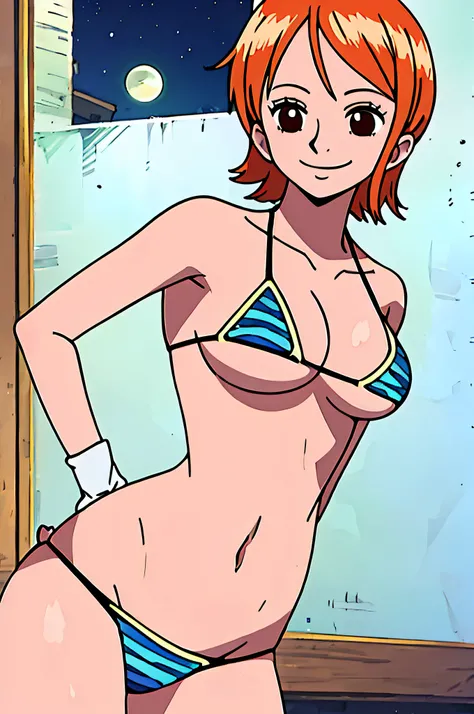 nami, 1girl, solo, breasts, smile, short_hair, large_breasts, brown_eyes, medium_breasts, closed_mouth, bikini, orange_hair,, night, room,