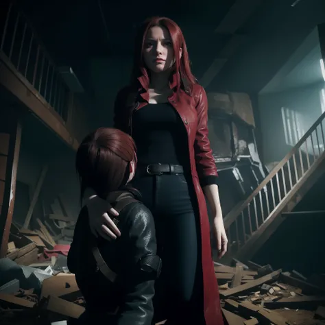 4K, HD, ((Claire Redfield 40 years old)), beautiful face, Sad expression, shed tears, very long red hair, perfect Face, black jeans, red long coat with black t-shirt, red nail polish, friendly face, shy, looking down