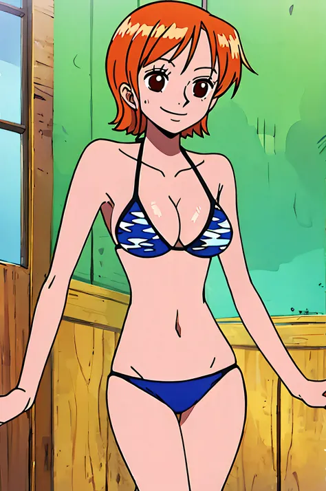 nami, 1girl, solo, breasts, smile, short_hair, large_breasts, brown_eyes, medium_breasts, closed_mouth, bikini, orange_hair,, ni...