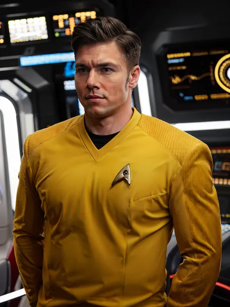 anson mount in yellow stsnwunf uniform, starship bridge,raw photo, 8k uhd, dslr, soft lighting, high quality, film grain, higly ...