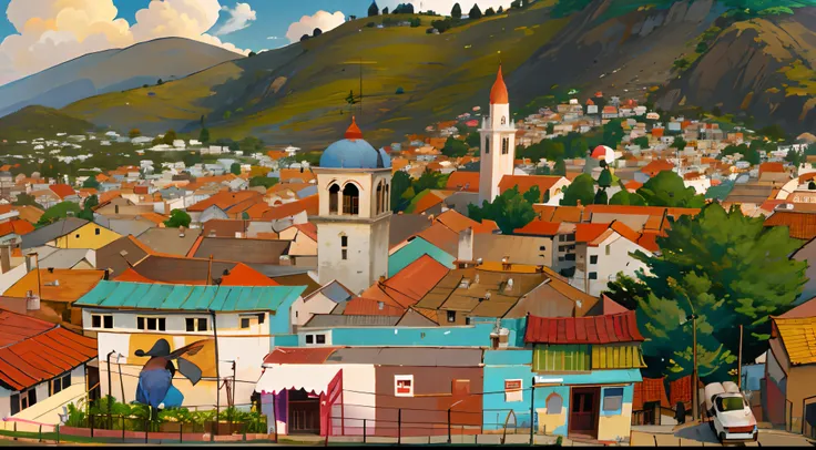 Araffe view of a city with a clock tower and a mountain in the background, arredores da cidade, salvador, sao paulo, favelas, bispo do rosario, estilo disney pixar realista