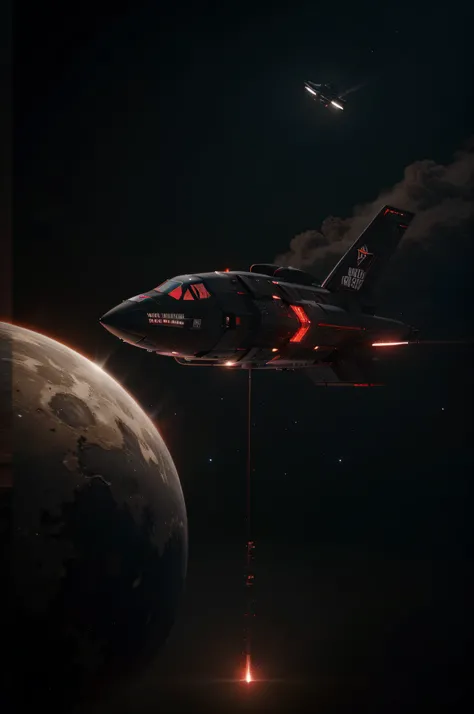 A black and red spaceship floating in space,(best quality,highres),ultra-detailed,physically-based rendering,stark contrast lighting,sci-fi,vibrant colors.