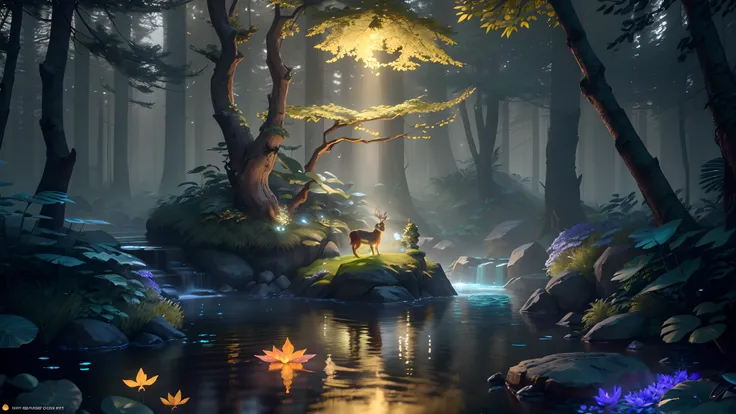 a 3D render,Realistic style,Low-poly style game design ,Glowing Elves, With a glowing deer, In the pool drinking water, Natural elements in the forest theme. Mysterious Forest, Beautiful forest, Nature, Surrounded by flowers, delicate leaves and branches s...