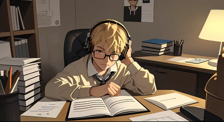 A blond boy with brown eyes and black glasses is sitting at his desk studying，Listen to music with headphones on，Ambiente relajante y confortable en un ambiente de dormitorio nocturno