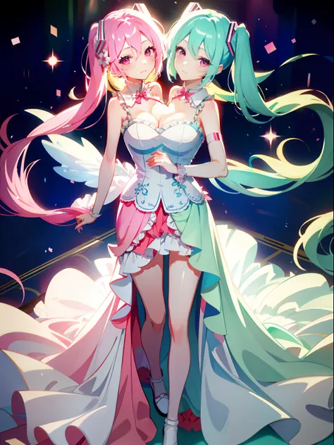 (masterpiece, best quality), best resolution, (2heads:1.5), 1girl, sakura miku character, pink hair, blue hair, different-colour...