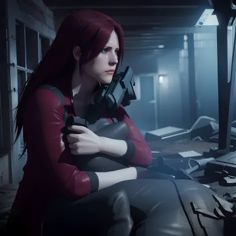 4K, HD, ((Claire Redfield 40 years old)), beautiful face, Sad expression shed tears, very long red hair, perfect Face, black jeans, red long coat with black t-shirt, red nail polisH, holding a gun