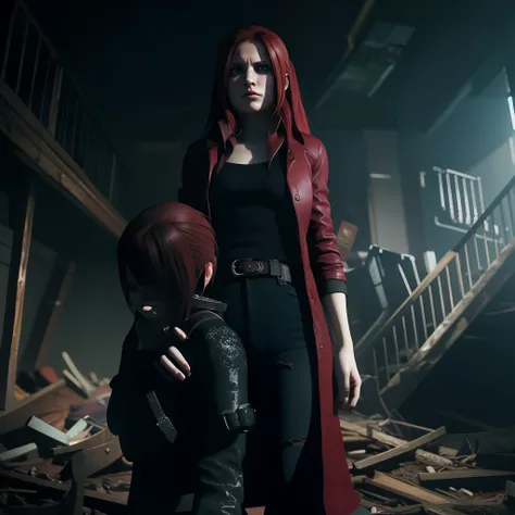 4K, HD, ((Claire Redfield 40 years old)), beautiful face, Sad expression, shed tears, Looking down,  very long red hair, perfect Face, black jeans, red long coat with black t-shirt, red nail polish