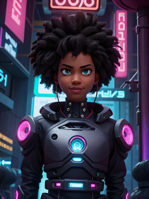 afro hair, Afro-futuristic, cyberpunk , smirk, looking at camera, portrait, sci fi background, neon lights