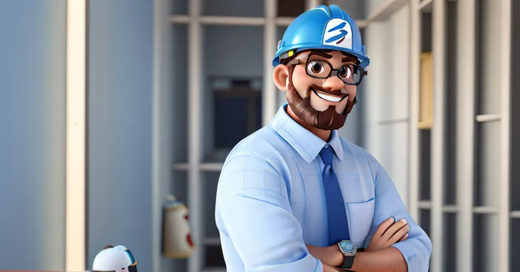 Create a Disney PIXAR-style 3D poster. (( No centro um homem de 48 cor preta, com a barba feita, de oculos, and with construction helmet)).Detalhes hiper-realistas, cor quente no estilo Disney PIXAR 3D))