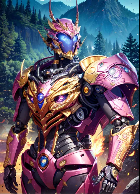 Close-up of a robot dressed in purple and gold, anfas portrait of a mech warrior, intricate glowing mecha armor, mecha art, Alexander Ferra Mecha, painterly humanoid mecha, high detailed official artwork, greek god in mecha style, ultra detailed game art, ...