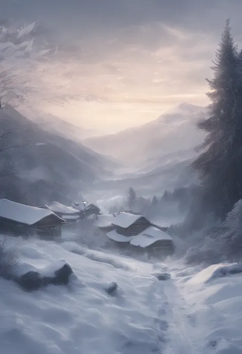 at winter season，Oyuki，snow landscape，Rime，rays of sunshine，thin fog，Dingdall effect，super-fine，tmasterpiece，8K，depth of fields，ultra - detailed，Meticulous portrayal，Ultra photo realsisim，Hyper-realistic