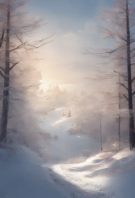 at winter season，Oyuki，snow landscape，Rime，rays of sunshine，thin fog，Dingdall effect，super-fine，tmasterpiece，8K，depth of fields，ultra - detailed，Meticulous portrayal，Ultra photo realsisim，Hyper-realistic