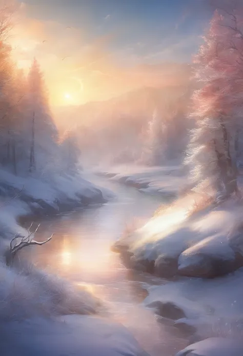 at winter season，Oyuki，snow landscape，Rime，rays of sunshine，thin fog，Dingdall effect，super-fine，tmasterpiece，8K，depth of fields，ultra - detailed，Meticulous portrayal，Ultra photo realsisim，Hyper-realistic