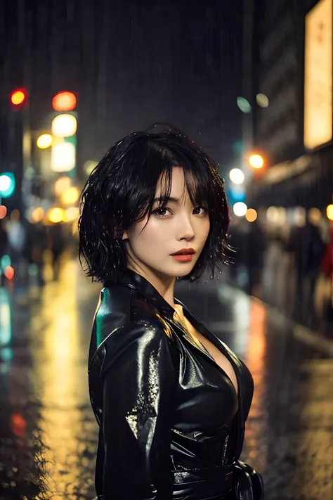 (Best quality, 8k, 32k, Masterpiece, UHD:1.2), Photo of Pretty Japanese woman, medium size breasts, bob hairstyle, short Black Hair, sexy body, JAV, dramatic lighting, romantic vibe, getting drenched in the rain, raining, street, cityscape, feeling the vib...