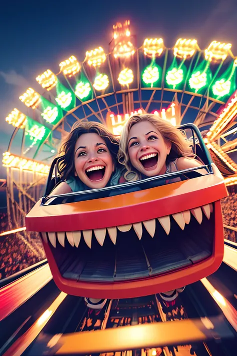 there are two women riding a roller coaster at a fair, a picture by Edward Corbett, instagram, incoherents, rollercoaster, roller coasters, roller coaster, screaming with fear, extremely scary, cursed images, insane smile, excited, she is smiling and excit...