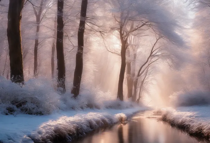 at winter season，Oyuki，snow landscape，Rime，rays of sunshine，thin fog，Dingdall effect，super-fine，tmasterpiece，8K，depth of fields，ultra - detailed，Meticulous portrayal，Ultra photo realsisim，Hyper-realistic