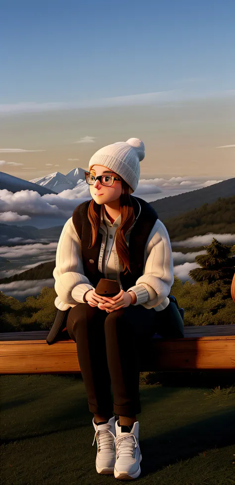 a white woman wearing prescription glasses and a white wool cap on her head, sitting with her legs together and looking to the left of the image, on a wooden bench that is on the grass, with a landscape of mountains and valleys covered by clouds in the bac...