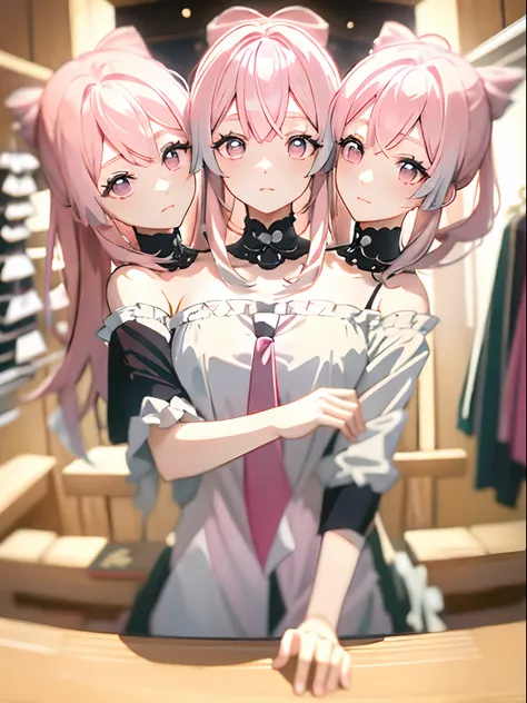 (masterpiece, best quality), best resolution, (3heads:1.5), 1girl, sagonomiya kokomi character, pink hair, pink eyes, different facial expressions, contemplative, trying to decide what to buy, shirt racks, clothes store