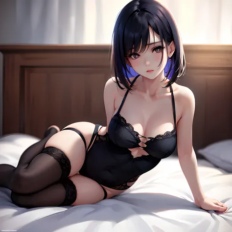 Random and cute costumes、Random Poses、Random angles、Lying position、28-year-old woman、Posture:Hip Emphasis、s lips:A sexy、Hair color: Dark brown、（picture quality）a raytraced image by Shitao, Seductive Anime Girl, beautiful alluring anime woman,4 k, Very deta...