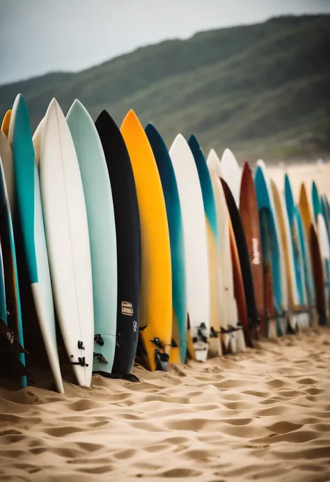 A lineup of surfboards resting on a sandy beach, with the ocean’s waves rolling in the background, creating a serene and inviting scene.