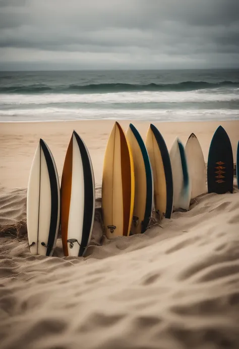 A lineup of surfboards resting on a sandy beach, with the ocean’s waves rolling in the background, creating a serene and inviting scene.