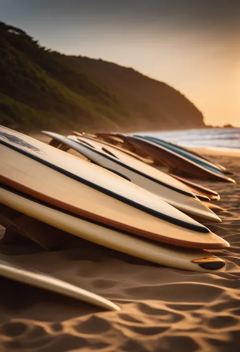 A lineup of surfboards resting on a sandy beach, with the ocean’s waves rolling in the background, creating a serene and inviting scene.