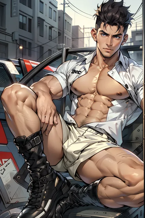 Highest image quality，male people，1 boy，Young and handsome，shoun，Short flat top hair，Dark  skin，anime，anime wallpaper，Solo，malefocus，Briefs，Dilation of the pectoral muscles，Bulging crotch，Urban background，spread their legs，Sexy,(Masterpiece, Best quality),...