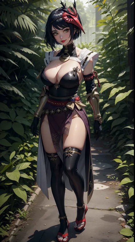 Masterpiece, 4k,ultra detail, detail face, eyeshadow, red lip, large breast,(sexy armor), smile, dark night forest, full body dynamic pose, kujousaradef