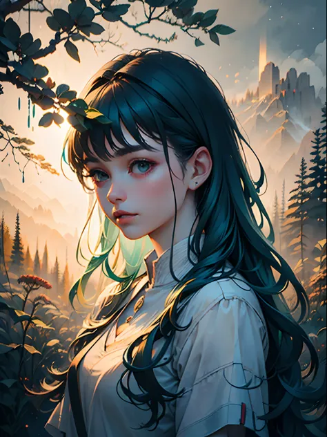 Ultra-realistic and beautiful feminine Doriada merges with the forest, Predominant green color, top-quality, 8K, Lots of illuminations, Drawing with a pencil.