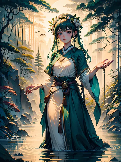 an ultra-realistic and beautiful feminine driada merged with the forest, predominant green color, maximum quality, 8k, lots of illumination, drawn and painted with pencil.