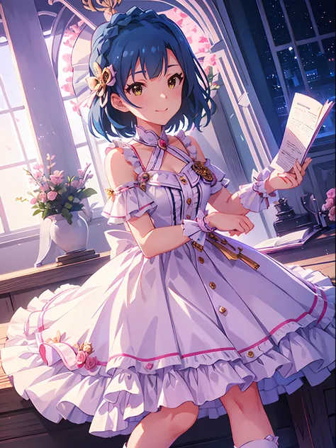 yuriko nanao (million live), 1 girl, Solo, Cute Girl,Best Quality, Ultra-detailed, 8K, High resolution, detailed face, Bob Hair, smile, (((princess line dress))), pastel pink dress, ribbon, white frilled socks,