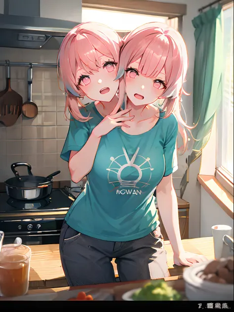 (masterpiece, best quality), best resolution, (2heads:1.5), 1girl, sagonomiya kokomi character, pink hair, pink eyes, headache, hangover, in pain, dizzy, open mouth, light blue t-shirt, tan pants, hand on forehead, apartment kitchen