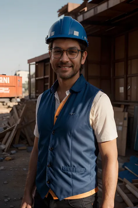 Man, smiling, beside a big orange container,Architect in helmet, 40 years old, wearing shirt and vest, Looking ahead to sky, with red glasses, short light brown hair, no beard,  blue sky, sunny day, portrait, hyper detailed POV, rich colors, hyper realisti...