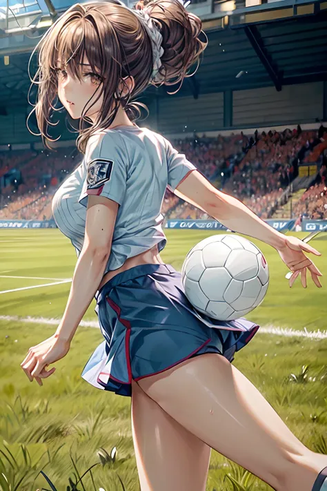 floating hair, light blush, during the match, sweat, half updo, folded ponytail, outdoors, project a wide area, playing soccer, ...