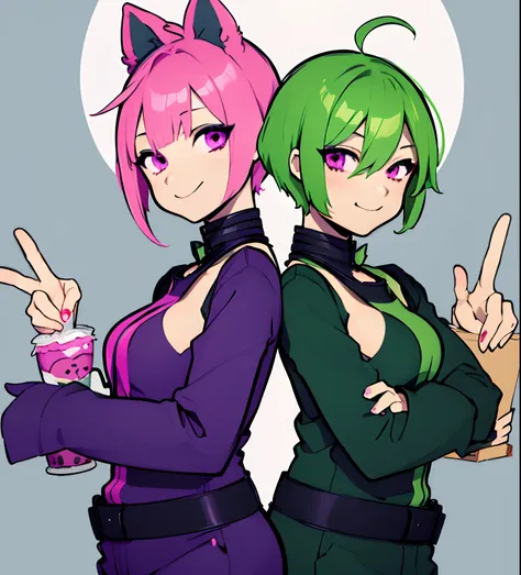 anime female short green hair and pink eyes wearing a five nights at freddys fnaf freddy chica fox bonnie costume fantasy no background only safe