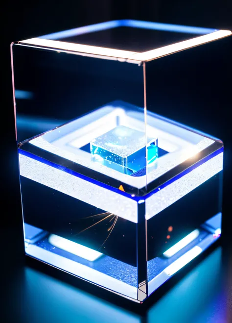 (best quality,highres), ultra-detailed, realistic glass cube highly reflective photography, professional, against black backdrop, lights reflecting on the glass cube. professional photograph