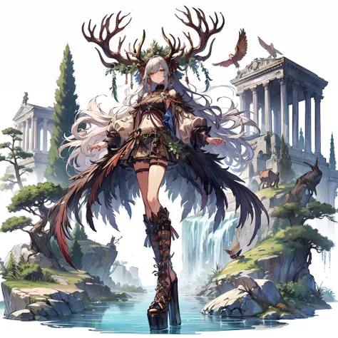 (masutepiece, Best Quality), (Perfect athlete body:1.2), (detailed hairs), Ultra-detailed, Anime style, Full body, Solo, Female of neutral sex with stag horns growing from her head, Dressed in ancient Roman tribal style, Stand by the creek, Beautiful and t...