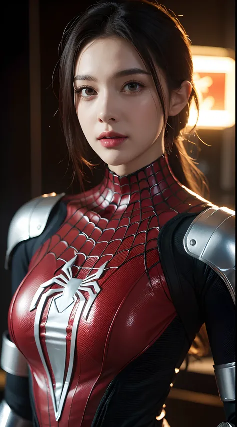 Close-up of Spider-Man in red and white costumes, Mannequin，Sexy body，The Goddess Effect，colorful vivid octane render, cybernetic and highly detailed, loba andrade from apex legends, created in unreal engine 5, made in unreal engine 5, trending on unreal e...