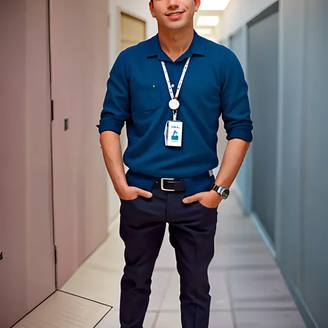 Man in blue shirt and black pants standing in a room, full body photogenic shot, fotografia de corpo inteiro, Foto de corpo inteiro de Steve, foto de corpo inteiro, imagem de corpo inteiro, tiro de corpo inteiro, with his hands in his pockets, foto de retr...