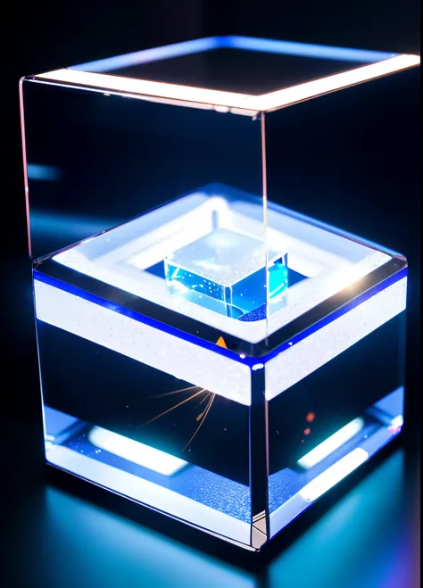 (best quality,highres), ultra-detailed, realistic glass cube highly reflective photography, professional, against black backdrop, lights reflecting on the glass cube. professional photograph