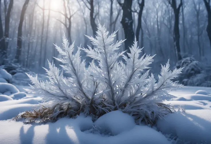 Masterpiece, Best quality, High quality, Extremely detailed Cg Unity 8K wallpaper,In the cold winter months，Thick snow on the ground，Its as if the world is dressed in white，In the first rays of the morning sun，A magical picture，Each branch is covered with ...