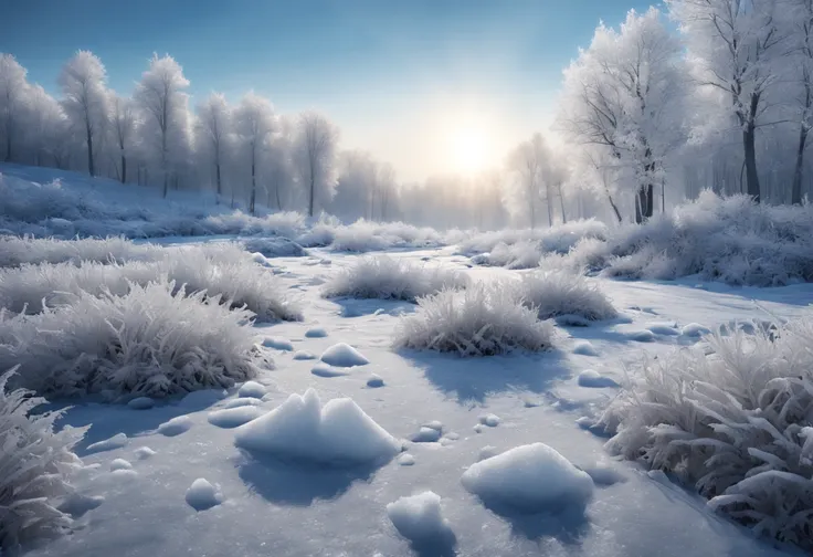 Masterpiece, Best quality, High quality, Extremely detailed Cg Unity 8K wallpaper,In the cold winter months，Thick snow on the ground，Its as if the world is dressed in white，In the first rays of the morning sun，A magical picture，Each branch is covered with ...