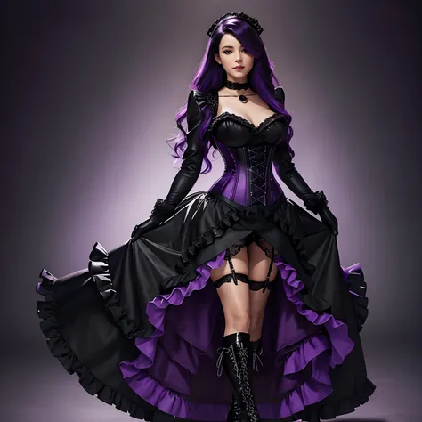 woman in black and purple dress, black hair purple tips, ((Ombré hair)), lace choker, (corset), jacket, leather gloves, ((frilled dress)), lace, heeled boots, stockings, ribbons, full body, smirk, hourglass figure, lone figure