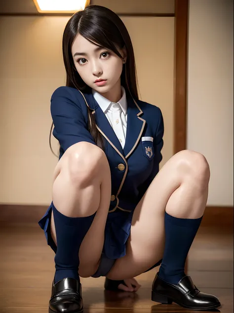 Dark blue high socks　majicMIX Real、(Raw photography:1.2)、(Photorealsitic:1.4)、The beauty of beautiful details　and delicate facial expressions、a blond、((Panties are visible))(Squatting panty shots)piercings　Lashes　beatiful detailed eyes、huge filesize、ultra-...