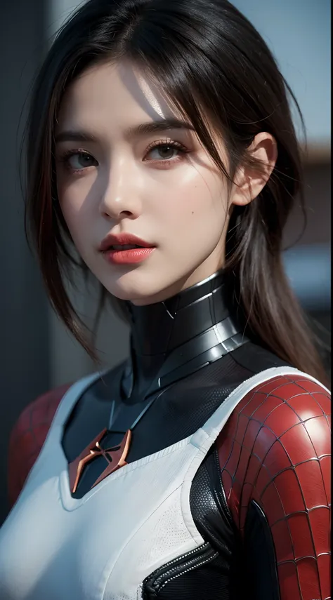 Close-up of Spider-Man in red and white costumes, Mannequin，Sexy body，The Goddess Effect，colorful vivid octane render, cybernetic and highly detailed, loba andrade from apex legends, created in unreal engine 5, made in unreal engine 5, trending on unreal e...