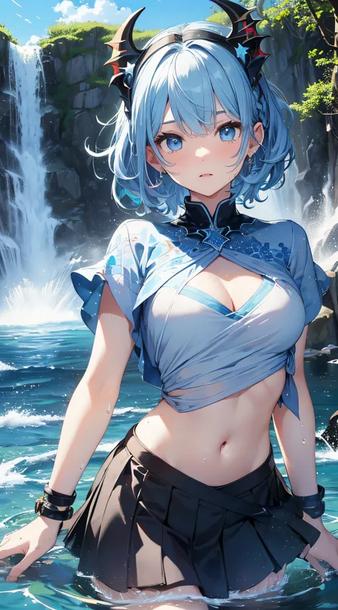 top-quality、Top image quality、​masterpiece、girl with((18year old、Best Bust、Bust 85,Beautiful blue eyes、Breasts wide open, Light blue hair and short hair、A slender、Large valleys、Light blue and black T-shirt with an open chest,Short skirt in dark blue、Reflec...