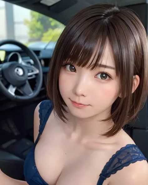 Bery short hair, studio,BDSM,Slave,blue corset,shackle, Best Quality, Photorealistic, 8K, hight resolution, fulcolor, 1girll, Woman, Female, 18 years old, (Closed mouth:1.73), nighttime scene，In the car, Bring skin care products closer to the cheeks，With f...